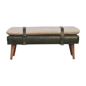 BouclÃ© Buffalo Hide Olive Green Leather Bench - L35 x W90 x H40 cm