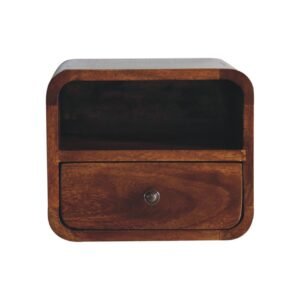 Extra Mini Wall Mounted Curved Chestnut Bedside with Open Slot - L25 x W30 x H25 cm