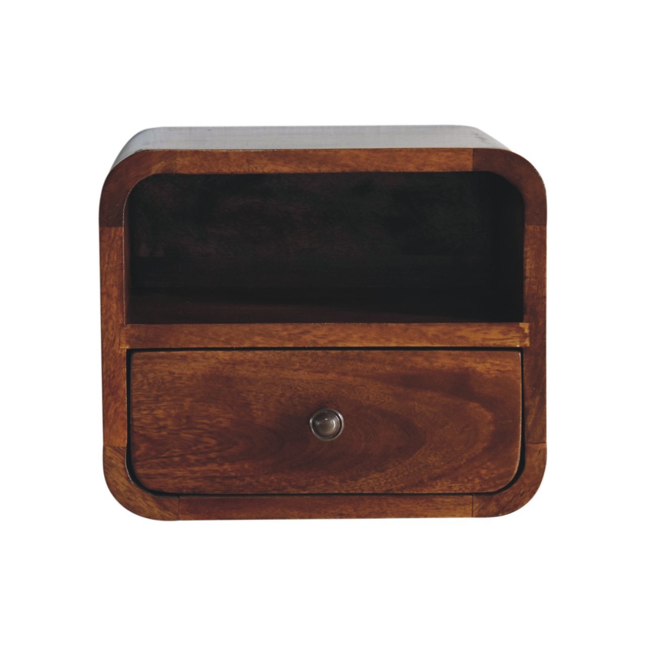 Extra Mini Wall Mounted Curved Chestnut Bedside with Open Slot - L25 x W30 x H25 cm