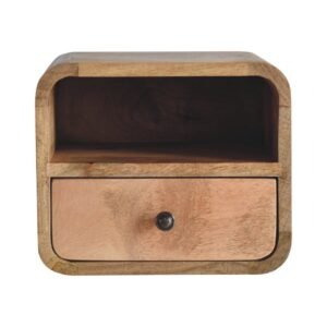 Extra Mini Wall Mounted Curved Oak-ish Bedside with Open Slot - L25 x W30 x H25 cm